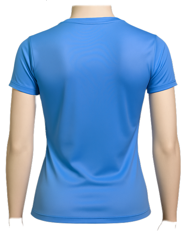 female blue t-shirt back